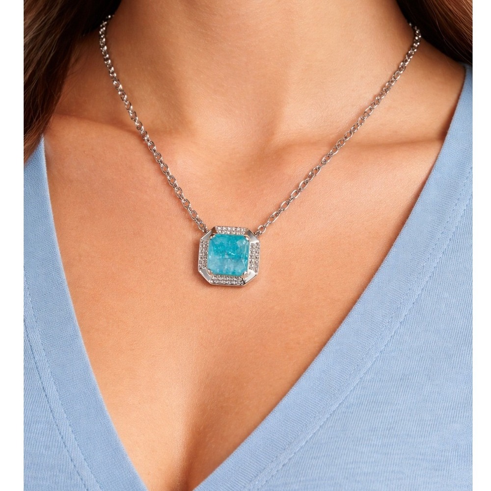 ILB Blue Druzy Quartz Pendant Necklace Silver Tone Pave Rhinestone Halo 20"